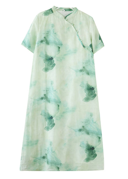 Retro Green Print Button Maxi Dresses Summer VV023 HS-SDL240627