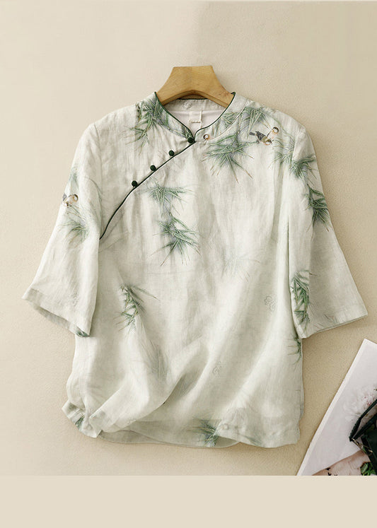 Retro Green Stand Collar Embroidered Linen Shirt Top Summer AM1049 Genistyle Shop