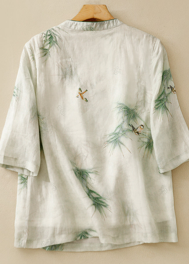 Retro Green Stand Collar Embroidered Linen Shirt Top Summer AM1049 Genistyle Shop