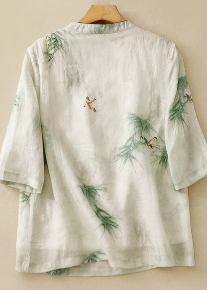 Retro Green Stand Collar Embroidered Linen Shirt Top Summer AM1049 Genistyle Shop