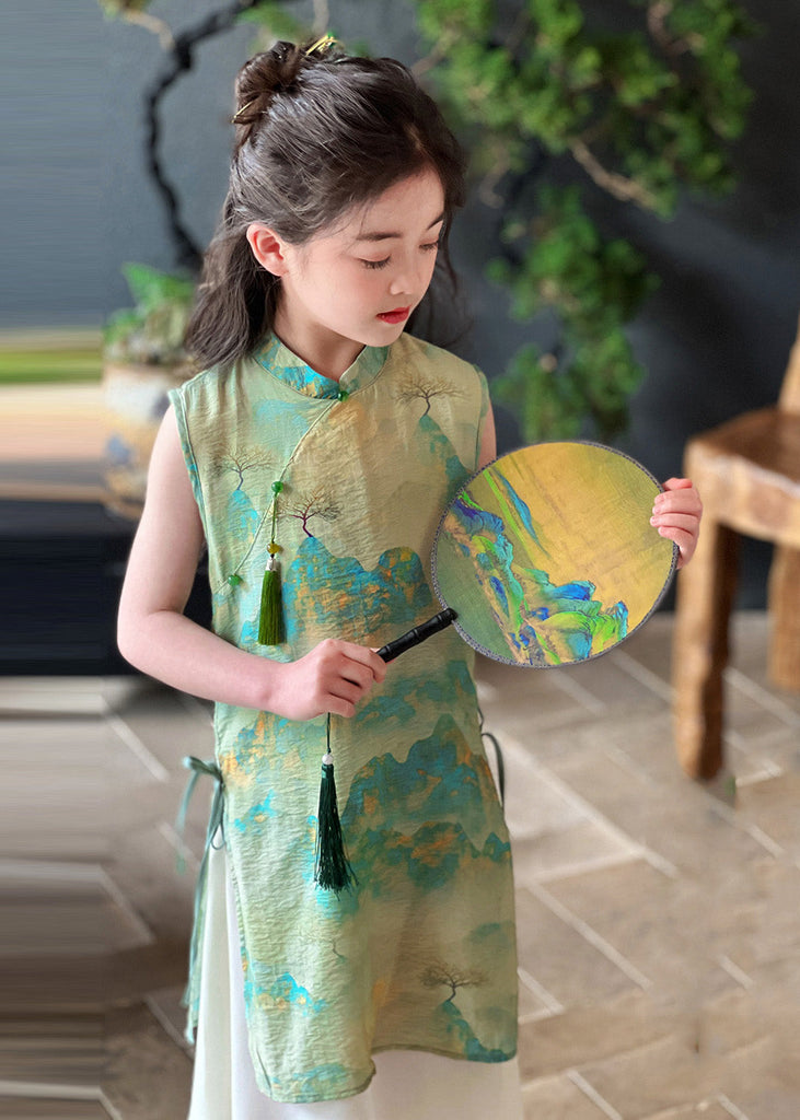 Retro Green Stand Collar Print Tie Waist Kids Maxi Dress Short Sleeve MN030 MM-RCTZ-SDL240701