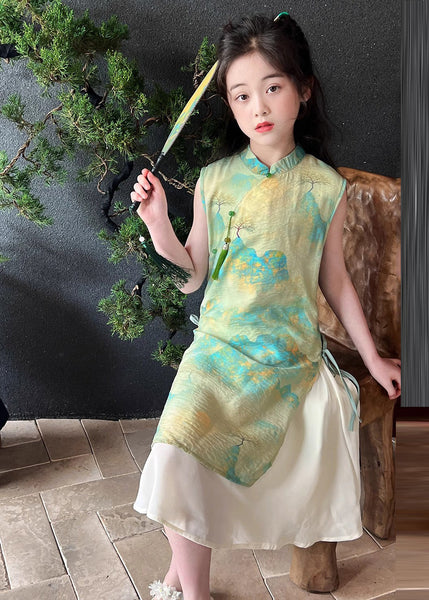 Retro Green Stand Collar Print Tie Waist Kids Maxi Dress Short Sleeve MN030 MM-RCTZ-SDL240701