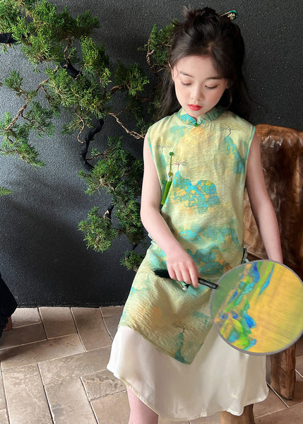 Retro Green Stand Collar Print Tie Waist Kids Maxi Dress Short Sleeve MN030 MM-RCTZ-SDL240701
