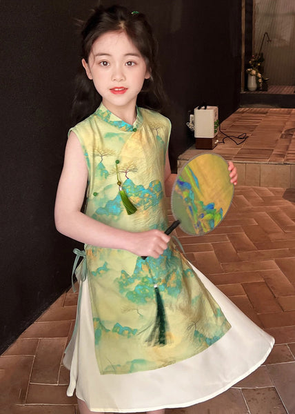 Retro Green Stand Collar Print Tie Waist Kids Maxi Dress Short Sleeve MN030 MM-RCTZ-SDL240701