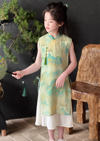 Retro Green Stand Collar Print Tie Waist Kids Maxi Dress Short Sleeve MN030 MM-RCTZ-SDL240701