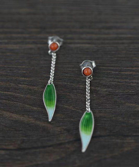 Retro Green Sterling Silver Agate Cloisonne Enamel Bamboo Leaf Drop Earrings QQ057 JEW-EAR240811