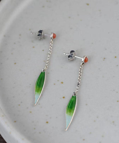 Retro Green Sterling Silver Agate Cloisonne Enamel Bamboo Leaf Drop Earrings QQ057 JEW-EAR240811