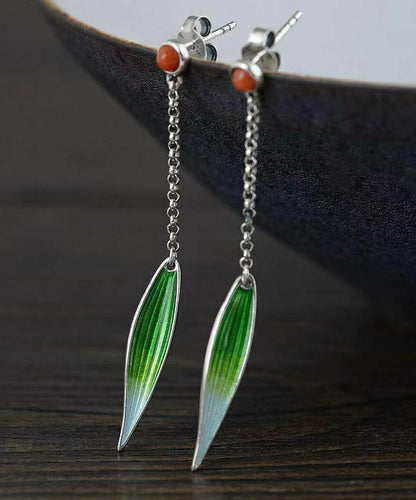 Retro Green Sterling Silver Agate Cloisonne Enamel Bamboo Leaf Drop Earrings QQ057 JEW-EAR240811