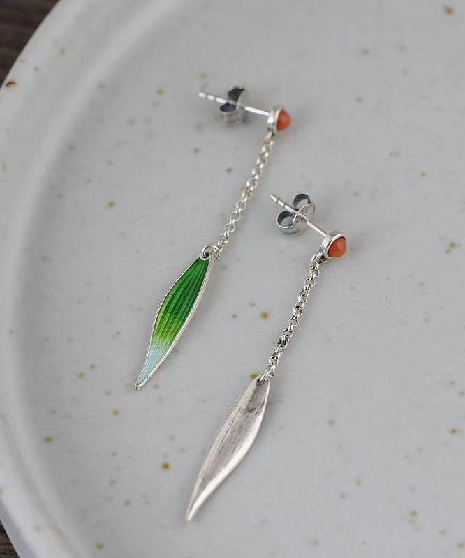 Retro Green Sterling Silver Agate Cloisonne Enamel Bamboo Leaf Drop Earrings QQ057 JEW-EAR240811