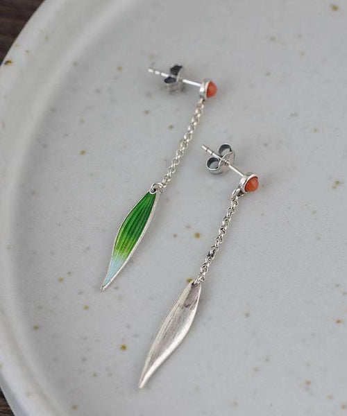 Retro Green Sterling Silver Agate Cloisonne Enamel Bamboo Leaf Drop Earrings QQ057 JEW-EAR240811