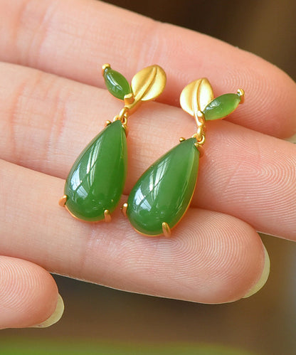 Retro Green Sterling Silver Overgild Jade Water Drop Drop Earrings GH1019 Ada Fashion