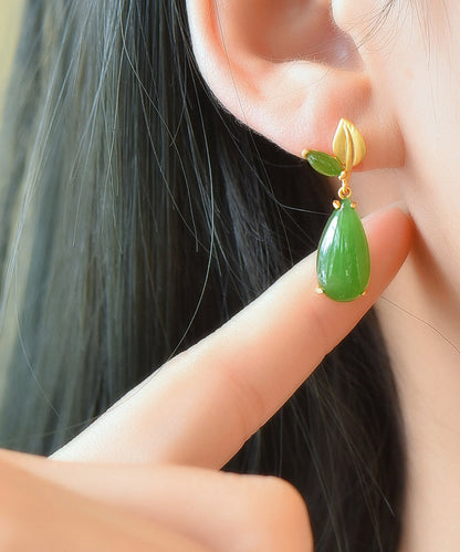 Retro Green Sterling Silver Overgild Jade Water Drop Drop Earrings GH1019 Ada Fashion