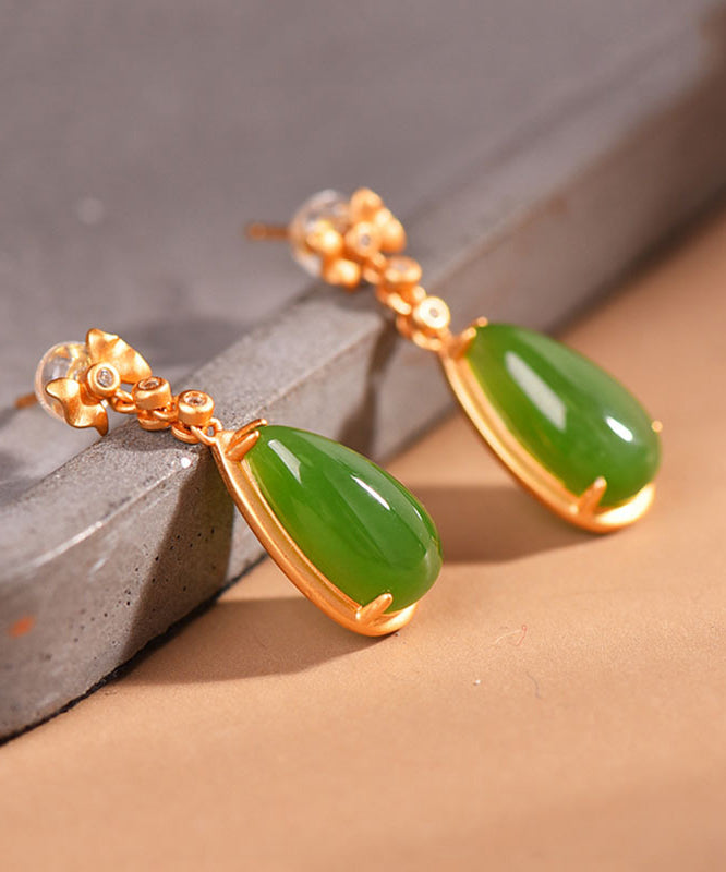 Retro Green Sterling Silver Overgild Jade Water Drop Drop Earrings GH1019 Ada Fashion