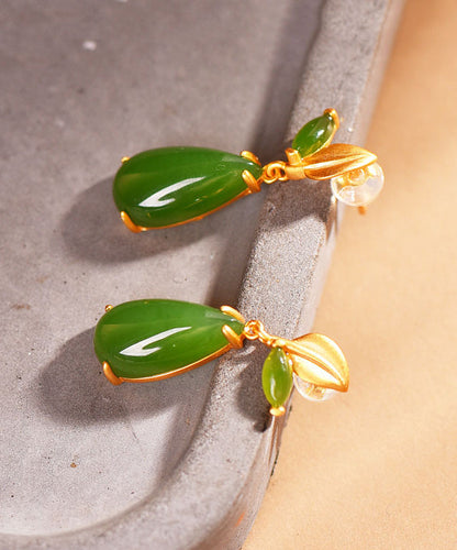 Retro Green Sterling Silver Overgild Jade Water Drop Drop Earrings GH1019 Ada Fashion