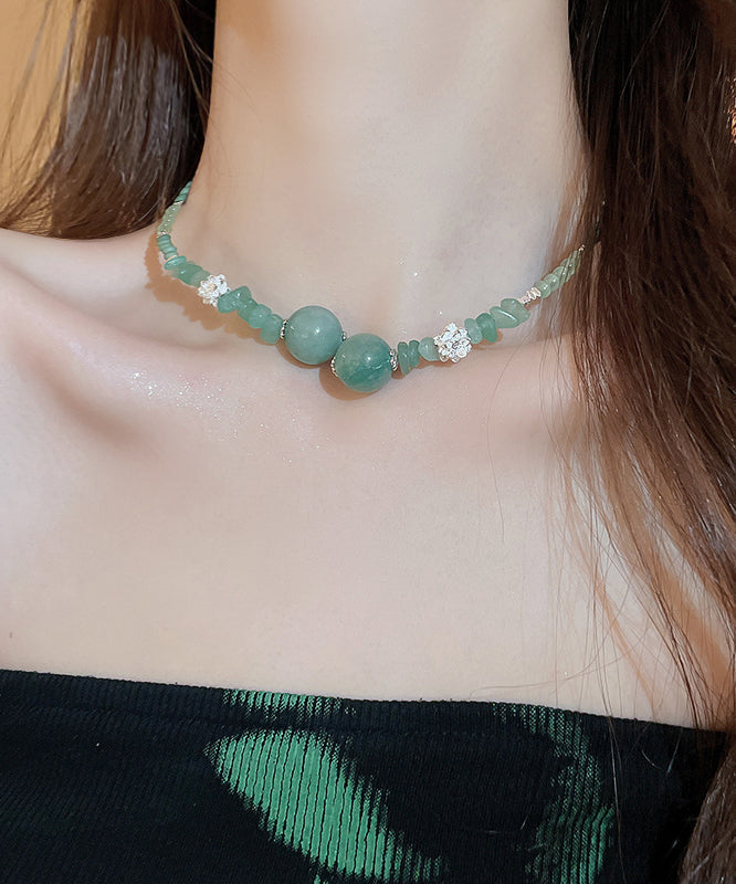 Retro Green Sterling Silver Overgild Jade Zircon Crystal Beading Gratuated Bead Necklace AB1092 Genistyle Shop