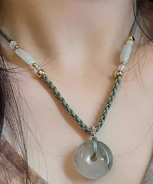 Retro Green Weaving Jade Ping An Buckle Pendant Necklace TX039