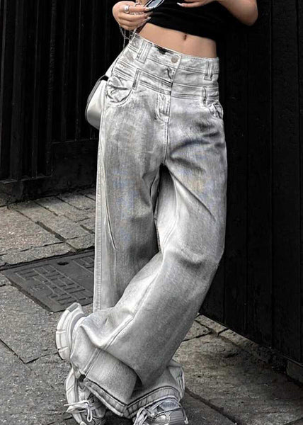 Retro Grey Button High Waist Denim Pants Fall QF053 Men-LPTS241016