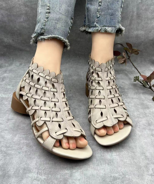 Retro Hollow Out Chunky Sandals Brown Cowhide Leather RT1004 Ada Fashion