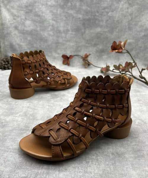 Retro Hollow Out Chunky Sandals Brown Cowhide Leather RT1004 Ada Fashion