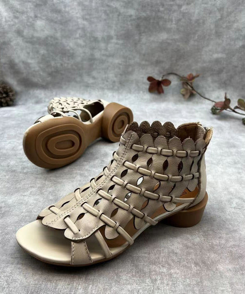 Retro Hollow Out Chunky Sandals Brown Cowhide Leather RT1004 Ada Fashion