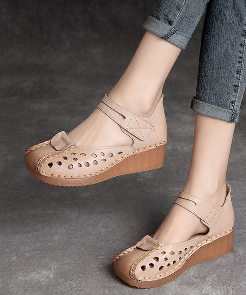 Retro Hollow Out Splicing Wedge Sandals Brown Cowhide Leather JJ032 Shoe-LX240609