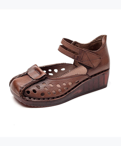 Retro Hollow Out Splicing Wedge Sandals Brown Cowhide Leather JJ032 Shoe-LX240609