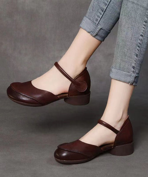 Retro Khaki Cowhide Leather Buckle Strap Splicing Chunky Sandals DD1033 Shoe-LX240605