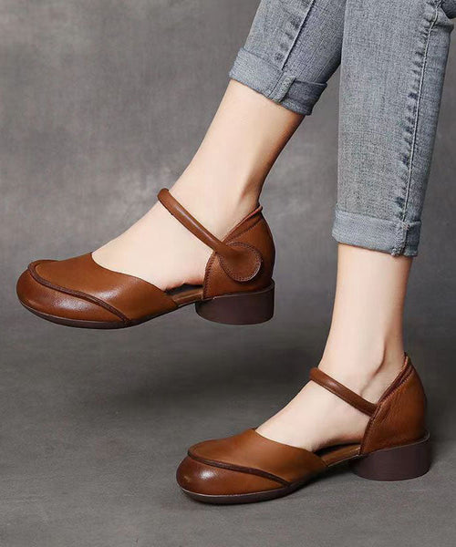 Retro Khaki Cowhide Leather Buckle Strap Splicing Chunky Sandals DD1033 Shoe-LX240605