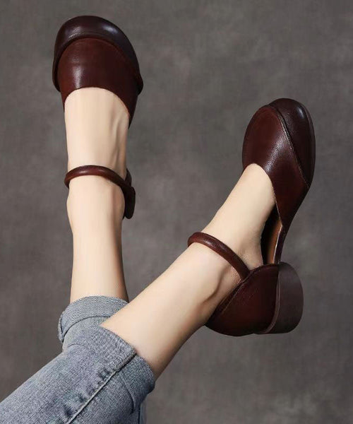 Retro Khaki Cowhide Leather Buckle Strap Splicing Chunky Sandals DD1033 Shoe-LX240605