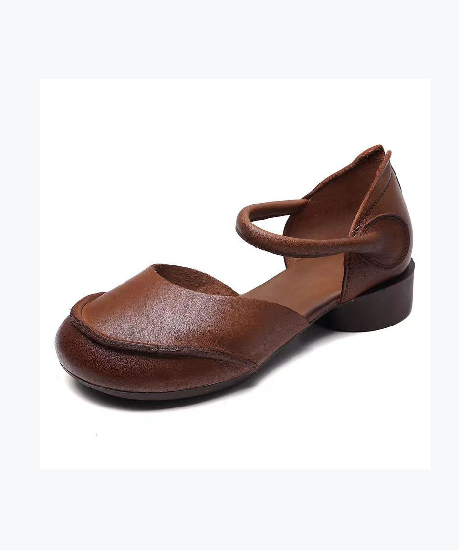 Retro Khaki Cowhide Leather Buckle Strap Splicing Chunky Sandals DD1033 Shoe-LX240605
