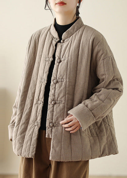 Retro Khaki Stand Collar Oriental Button Fine Cotton Filled Coat Winter TZ044