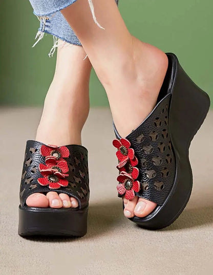 Retro Leather Flowers Oriental Style Wedge Slippers Ada Fashion