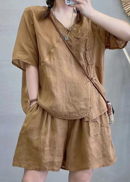 Retro Light Brown Chinese Button Tops And Shorts Cotton Two Pieces Set Summer QK016 BB-TPIEC241022