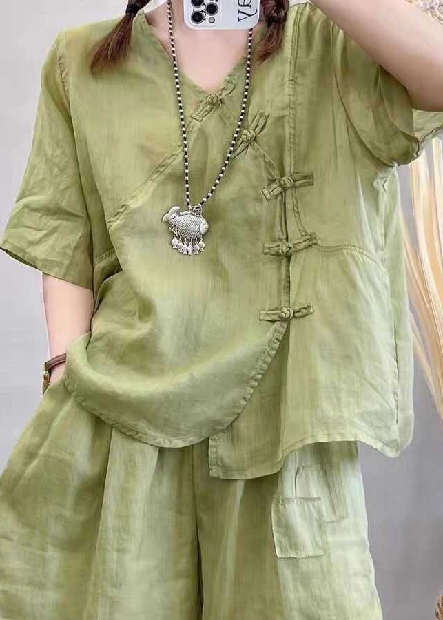 Retro Light Brown Chinese Button Tops And Shorts Cotton Two Pieces Set Summer QK016 BB-TPIEC241022