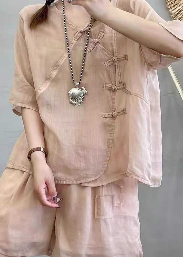 Retro Light Brown Chinese Button Tops And Shorts Cotton Two Pieces Set Summer QK016 BB-TPIEC241022