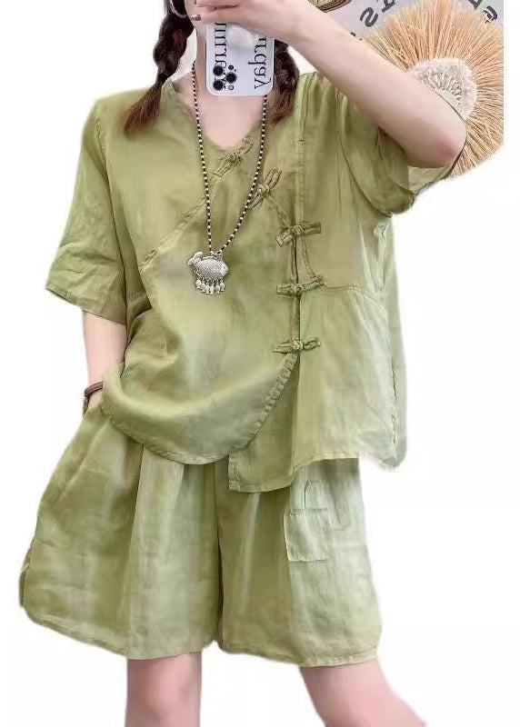 Retro Light Brown Chinese Button Tops And Shorts Cotton Two Pieces Set Summer QK016 BB-TPIEC241022