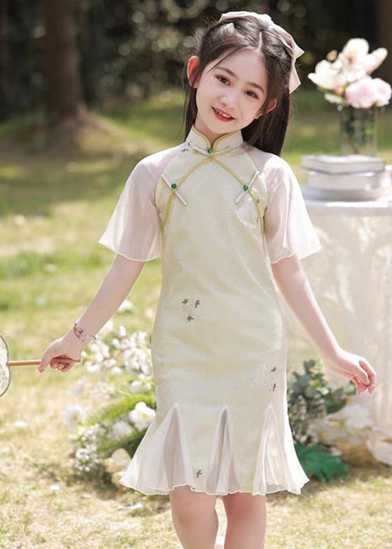 Dress Long Patchwork Kids Light Green Ruffled Print Summer Retro FashionChic