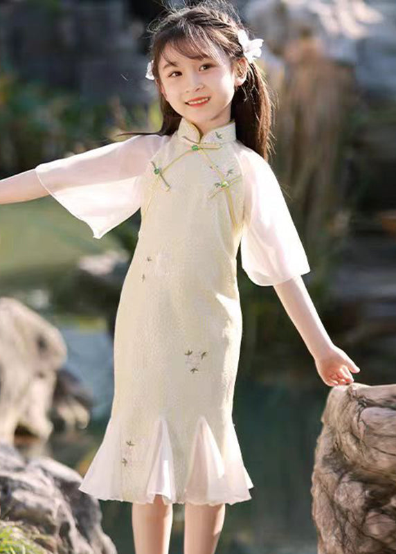Dress Long Patchwork Kids Light Green Ruffled Print Summer Retro FashionChic