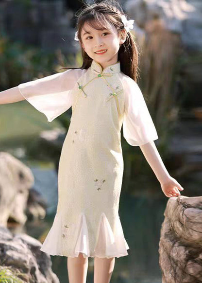Dress Long Patchwork Kids Light Green Ruffled Print Summer Retro FashionChic