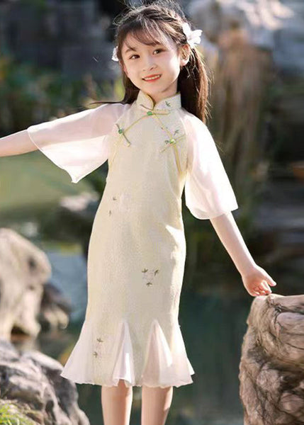 Dress Long Patchwork Kids Light Green Ruffled Print Summer Retro FashionChic