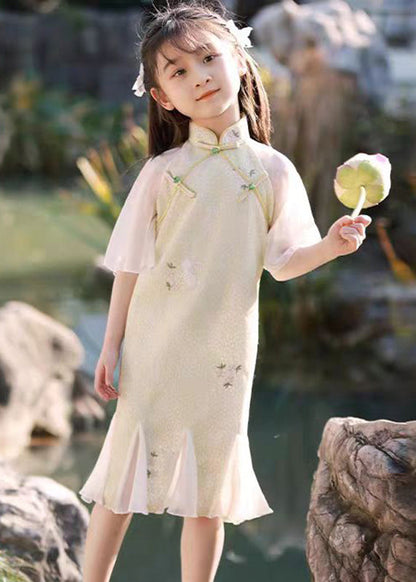 Dress Long Patchwork Kids Light Green Ruffled Print Summer Retro FashionChic