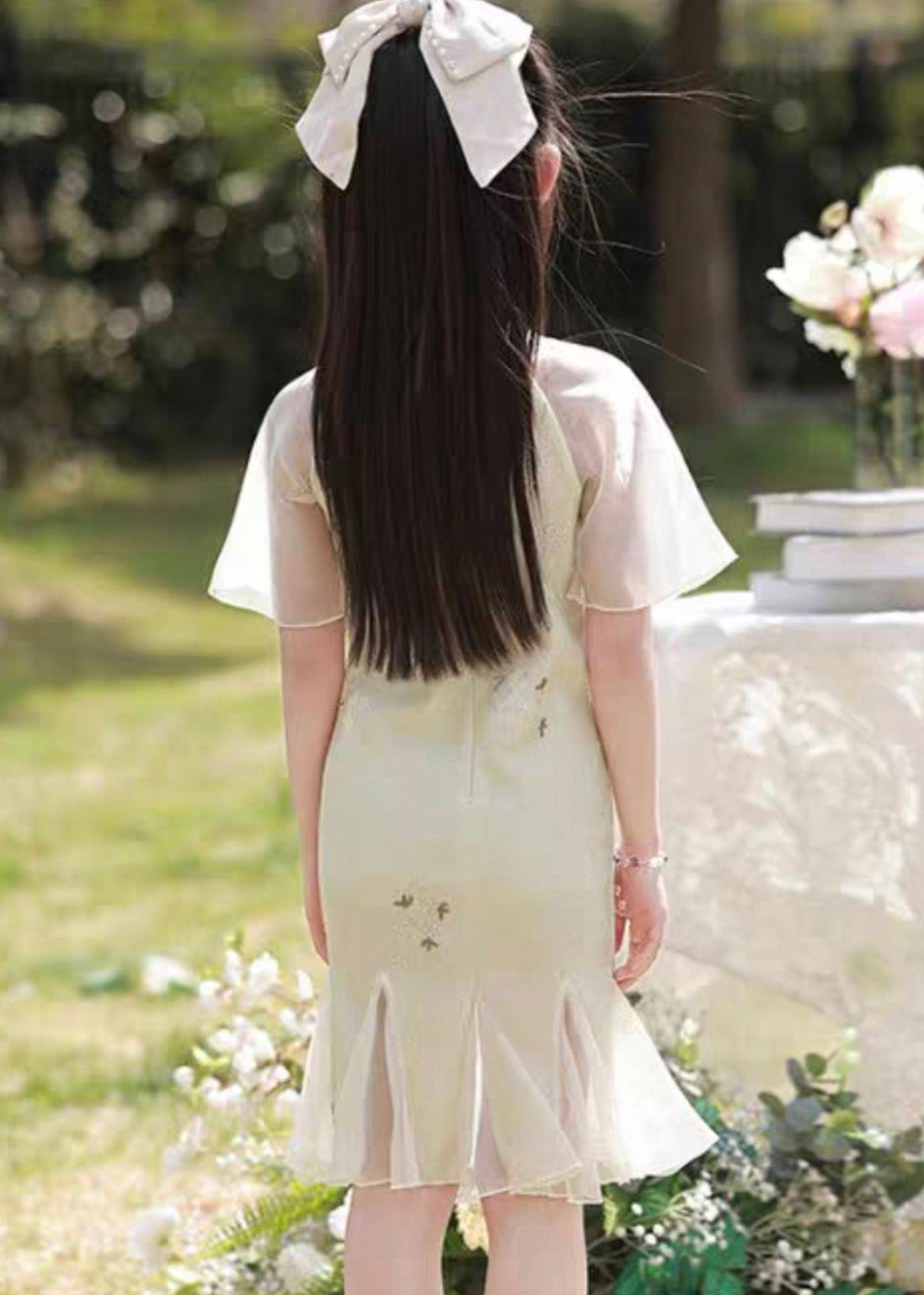 Dress Long Patchwork Kids Light Green Ruffled Print Summer Retro FashionChic