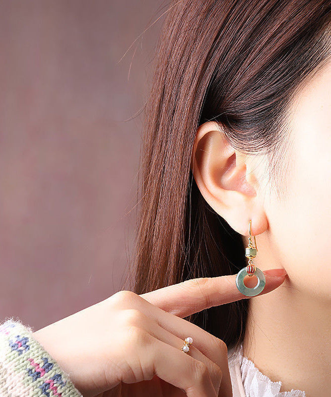 Retro Light Green Sterling Silver Overgild Jade Enamel Ping Buckle Drop Earrings GH1011 Ada Fashion