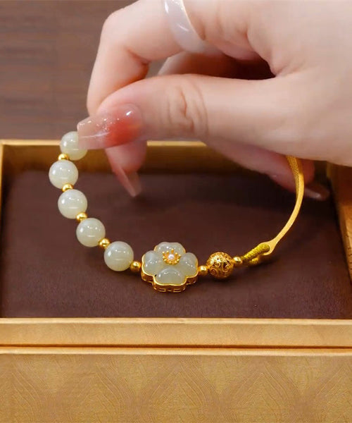 Retro Light Green Sterling Silver Overgild Jade Floral Charm Bracelet QU005 JEW-BRA241007