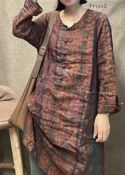 Retro Linen Round Neck Print Mid Length Skirt With Long Sleeves FF059 MZF-SDM240607