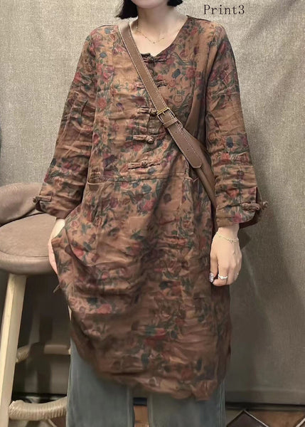 Retro Linen Round Neck Print Mid Length Skirt With Long Sleeves FF059 MZF-SDM240607