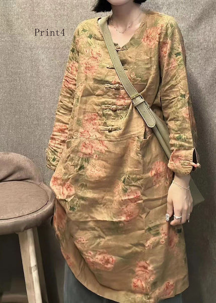 Retro Linen Round Neck Print Mid Length Skirt With Long Sleeves FF059 MZF-SDM240607