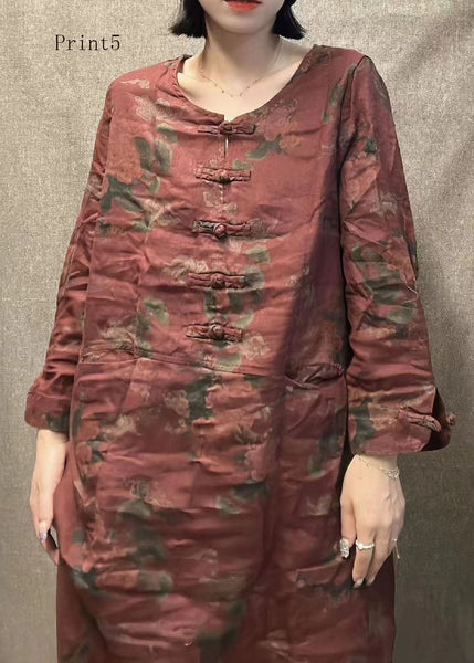 Retro Linen Round Neck Print Mid Length Skirt With Long Sleeves FF059 MZF-SDM240607