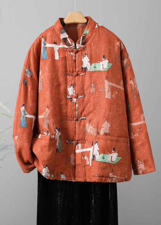 Retro Orange Stand Collar Print Fine Cotton Filled Jacket Spring TI011