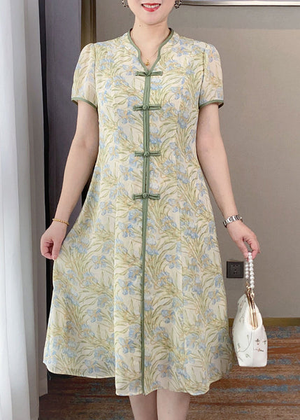 Retro Orange V Neck Print Chinese Button Silk Dress Summer BB014 Hawaii-SDL240622